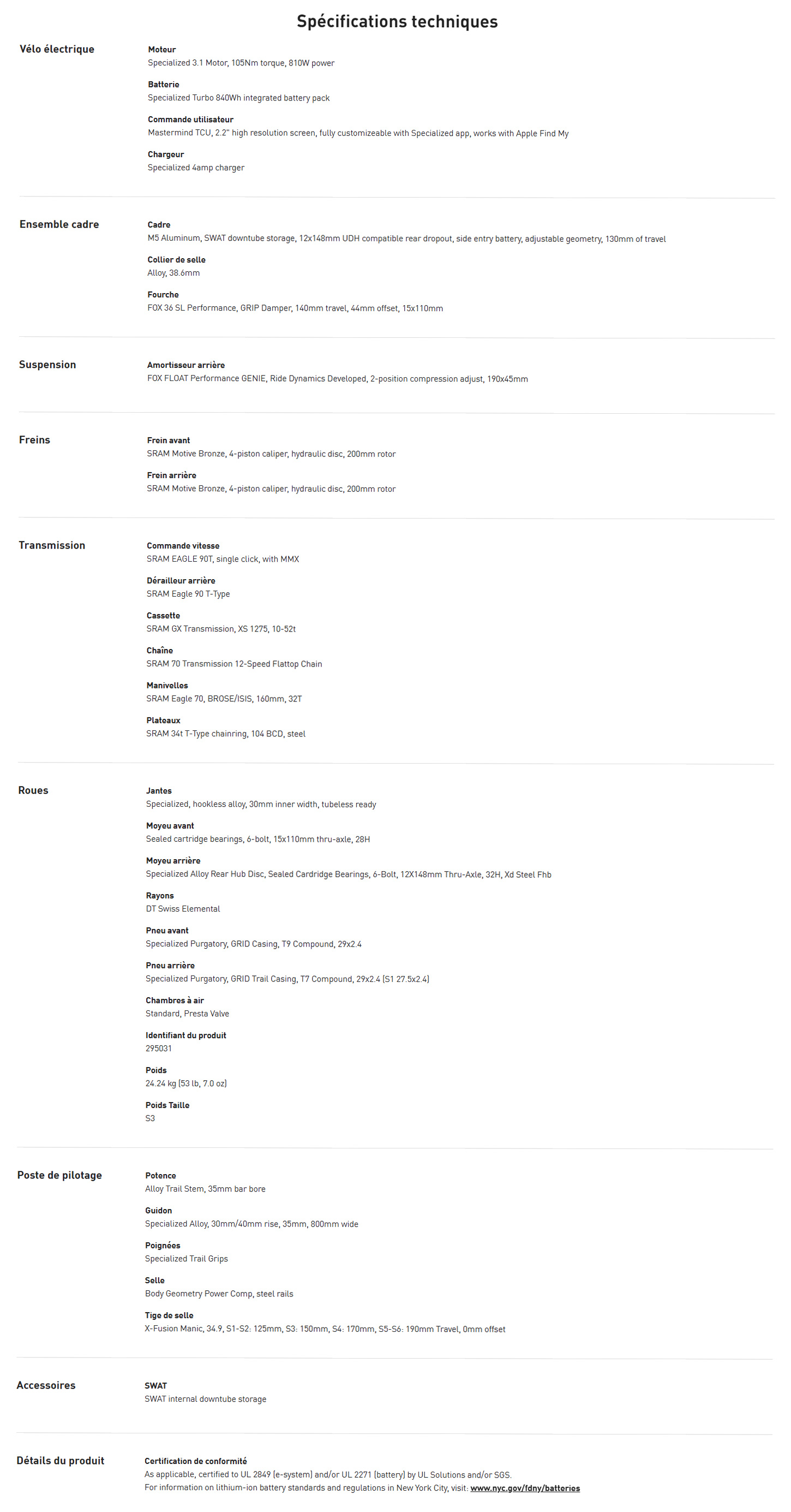 Fiche technique du vélo électrique Turbo Levo R Comp Alloy année 2027